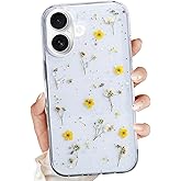YUCHii for iPhone 16 Clear Case,Aesthetic Floral Phone Case with Pressed Real Flowers Design,Glitter Cute Floral Pattern Women's Phone Case Slim Soft TPU Protective Girl's Phone Cover for iPhone 16