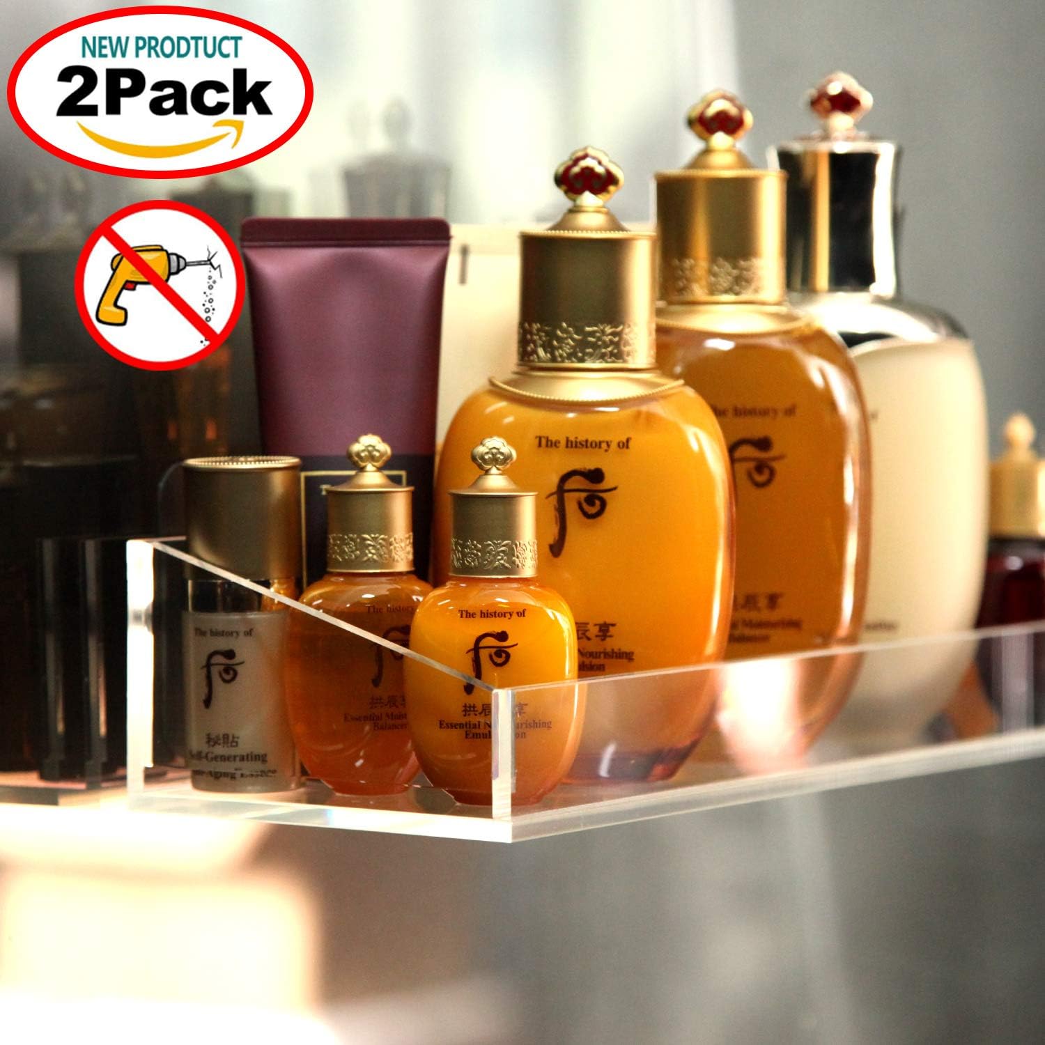 Vdomus Acrylic Bathroom Shelves, Wall Mounted Non Drilling Thick Clear Storage & Display Shelvings, 2 Pack: Kitchen & Dining
