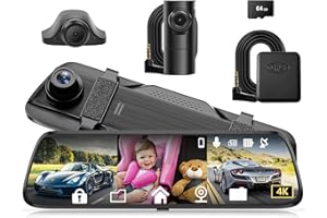 KOXAME Mirror Dash Cam, 4K Rear View Mirror Camera, 12'' Front and Rear Inside 3 Channel Rear View Mirror Camera with Wi-Fi, GPS, Reverse Assistance, 64GB Card