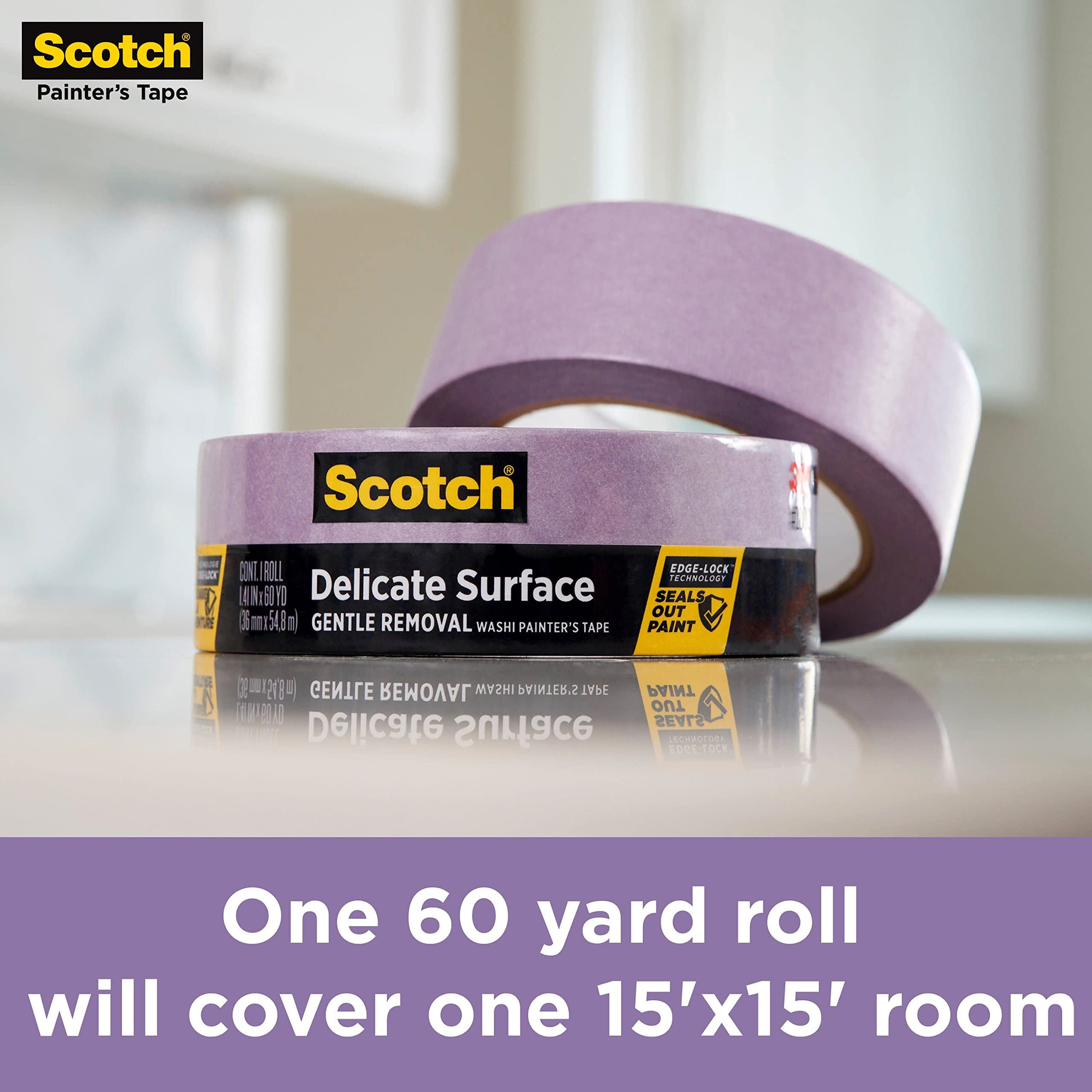 Scotch Delicate Surfaces Painters Tape, 1.88 in x 60 yd, Damage-Free Painting Prep, Protect Delicate Surfaces, UV & Sunlight Resistant, Solvent-Free Adhesive, Indoor Masking Tape, 1 Roll (2080-48EC)