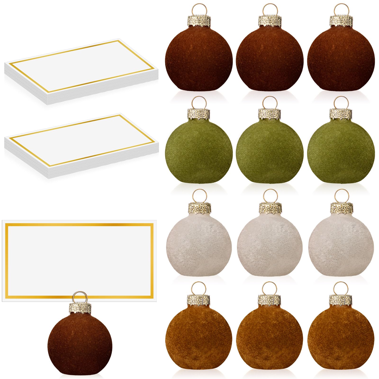 Photo 1 of Nitial 12 Pcs Velvet Christmas Ornament Place Card Holders and Name Cards Set for Table Setting 1.57'' Glass Green Cream Tan Brown Table Number Sign Photo Picture Holder for Xmas Holiday Party Decor