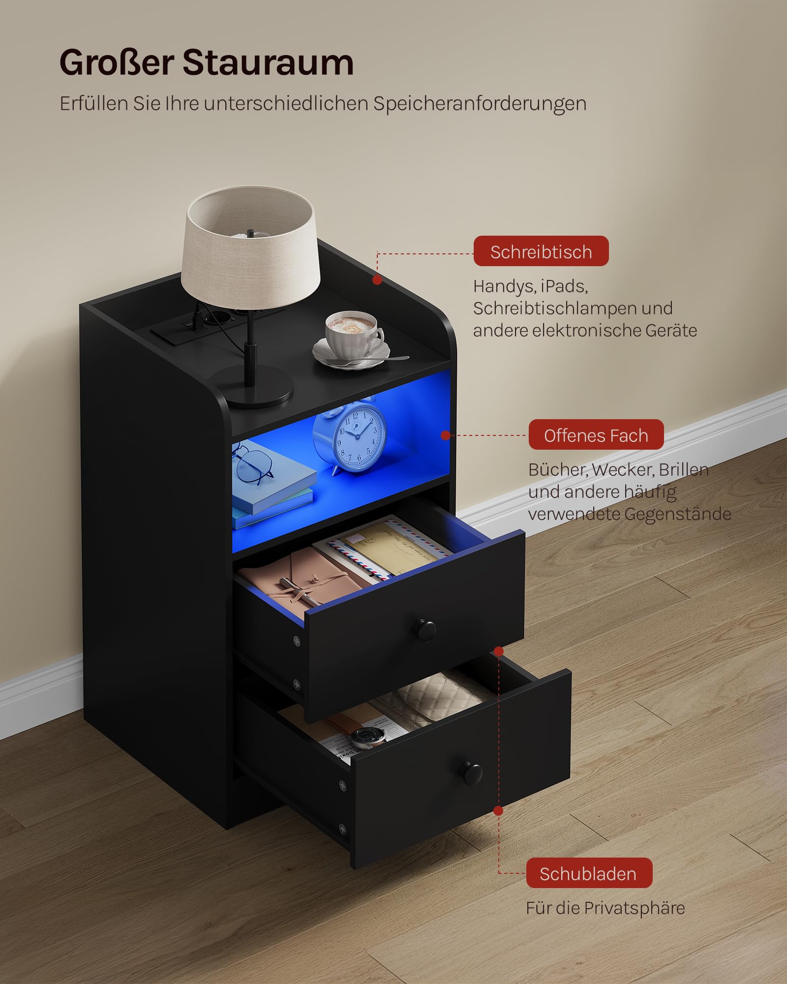 WOLTU Nachttisch 2er Set, mit Steckdose, Nachtschrank mit LED-Beleuchtung, schwarz, 2 Schubladen und 1 offenem Fach, 40 x 35 x 64 cm, geeignet für Schlafzimmer, Wohnzimmer, moderner Stil, NTS07sz-2 8