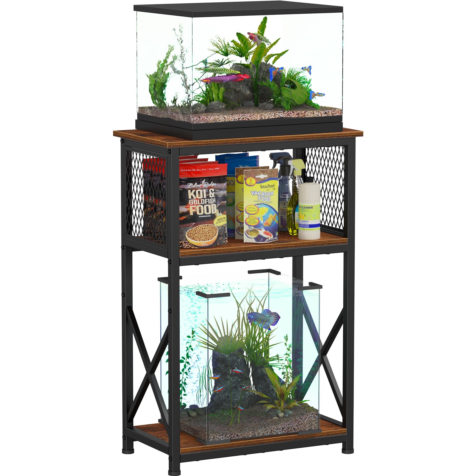 Snughome 30 Gallon Fish Tank Stand - Rustic Brown Aquarium Stand With 2 Storage Shelves