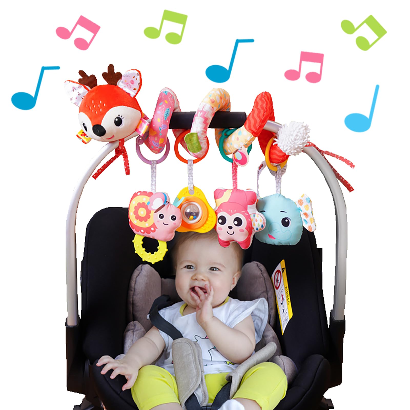 Kulveanju Spiral Pram Toys for Babies - Pushchair Stroller Car Seat Crib Toys for Baby Boys Girls 0 3 6 9 12 Months, Plush Activity Rattle Hanging Toy Sensory Gift for Newborn Infant, Deer