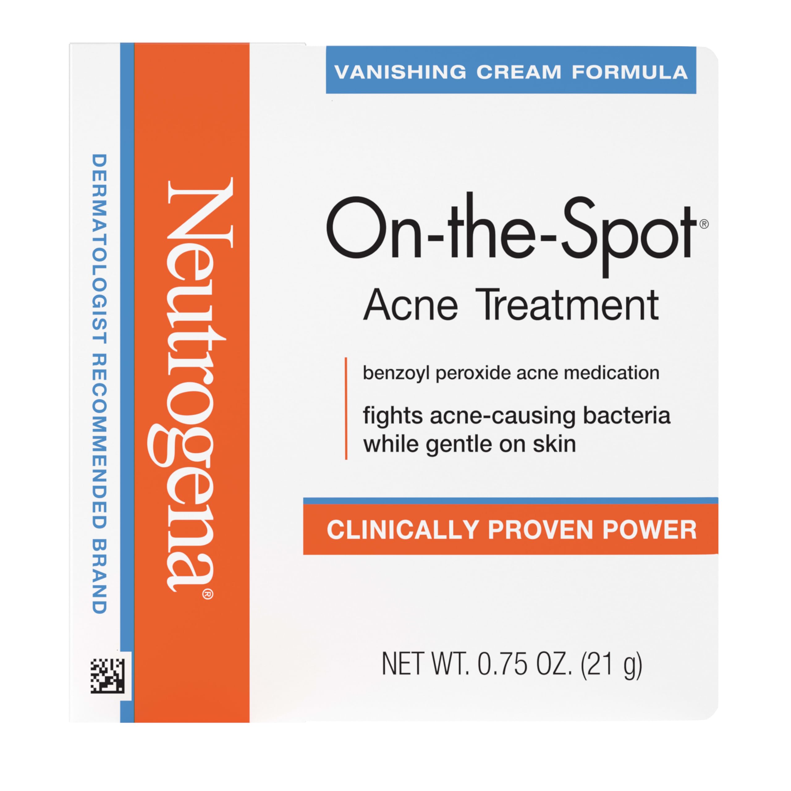 Neutrogena On-The-Spot Acne Spot Treatment Cream with 2.5% Benzoyl Peroxide, Gentle Face Blemish Medicine for Acne-Prone Skin, Vanishing Formula, Clinically Proven Day-1 Results, 0.75-Ounce Tube