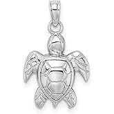 14k White Gold Turtle Jewelry Charm - Dainty Gold Pendant, Polished and Textured 2D Design - Small Ocean Jewelry Pendant for Necklaces