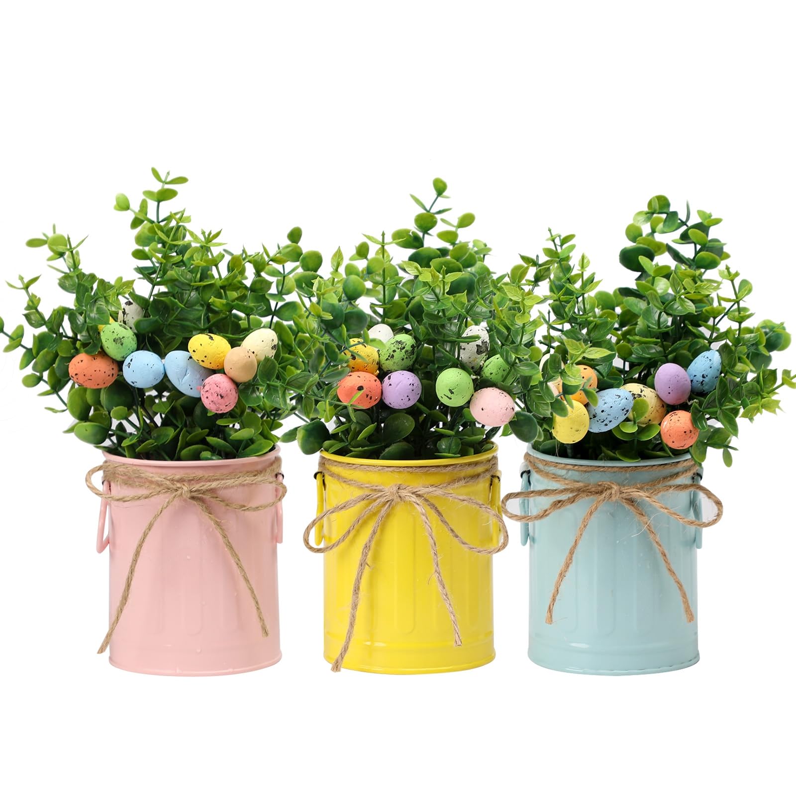 Photo 1 of Bretacole Easter Spring Farmhouse Table Centerpiece, 3 Pack Artificial Eucalyptus Potted Plants with Colorful Eggs, Spring Greenery Decor for Kitchen, Living Room & Home