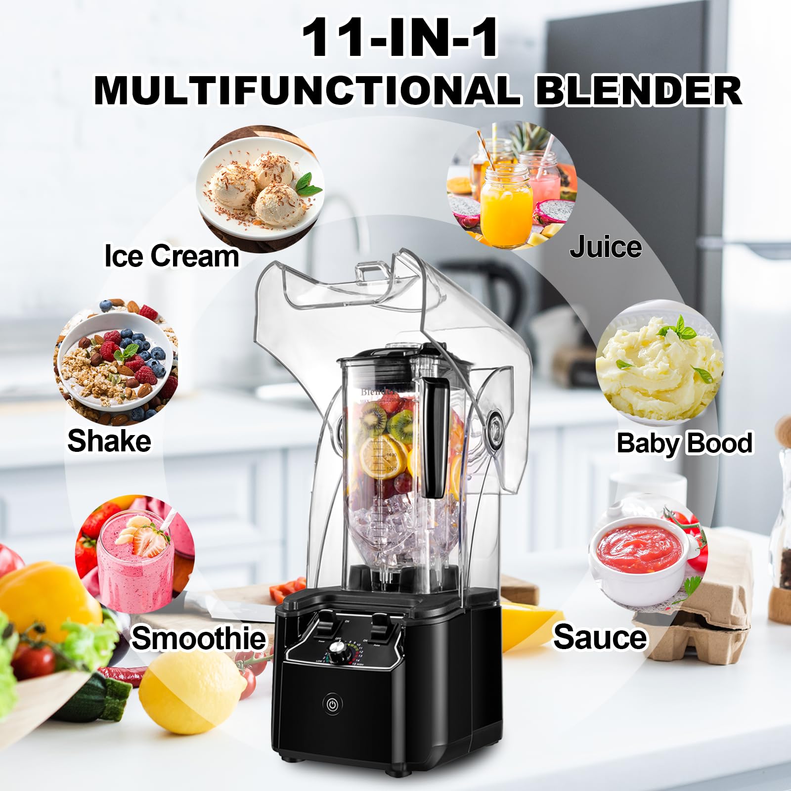 Licuadora comercial para batidos con escudo silencioso, motor de 2,5 HP, hoja de acero inoxidable, jarra de 80 oz para batidos, batidos, trituración de hielo, bebidas congeladas, 15 velocidades, autolimpieza, negra