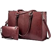 LOVEVOOK Laptop Tote Bag for Women, 15.6 Inch Large Capacity Vintage Leather Work Computer Bag, Business Casual Shoulder Handbag, Wine Red