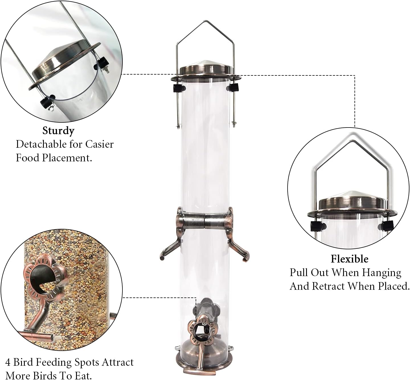 KVISTER Bird Feeder for Outside, Finch Feeder w/4 Feeding Ports, Stainless Steel Hanging Wild Bird Feeders for Garden Backyard Outdoor Decoration Attracting Birds(1PC) : Garden & Outdoor