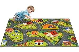 STARUIA 60" x 32" Washable Kids Rug for Playroom, Boys Baby Car Rugs for Kids Toy Cars Have Fun Safely, Educational Farm Road Play Rug Race Track Carpets for Kid Room Bedroom