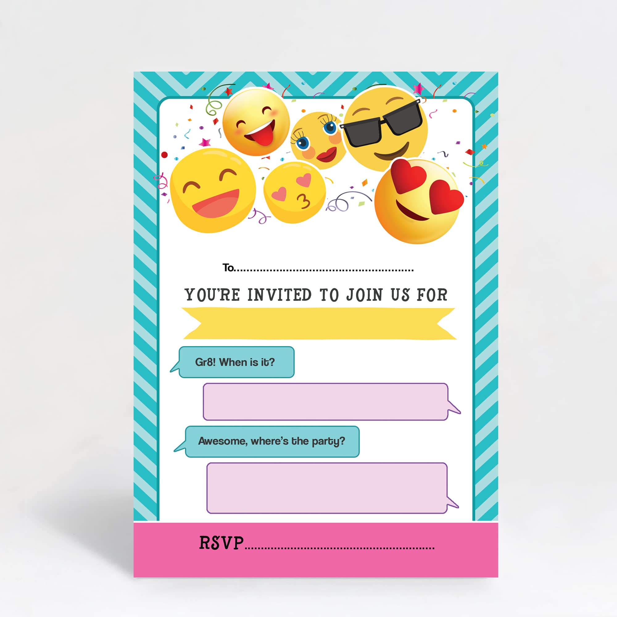Hip Hip Hooray Pack of 10 Emoji Themed Party Invitations