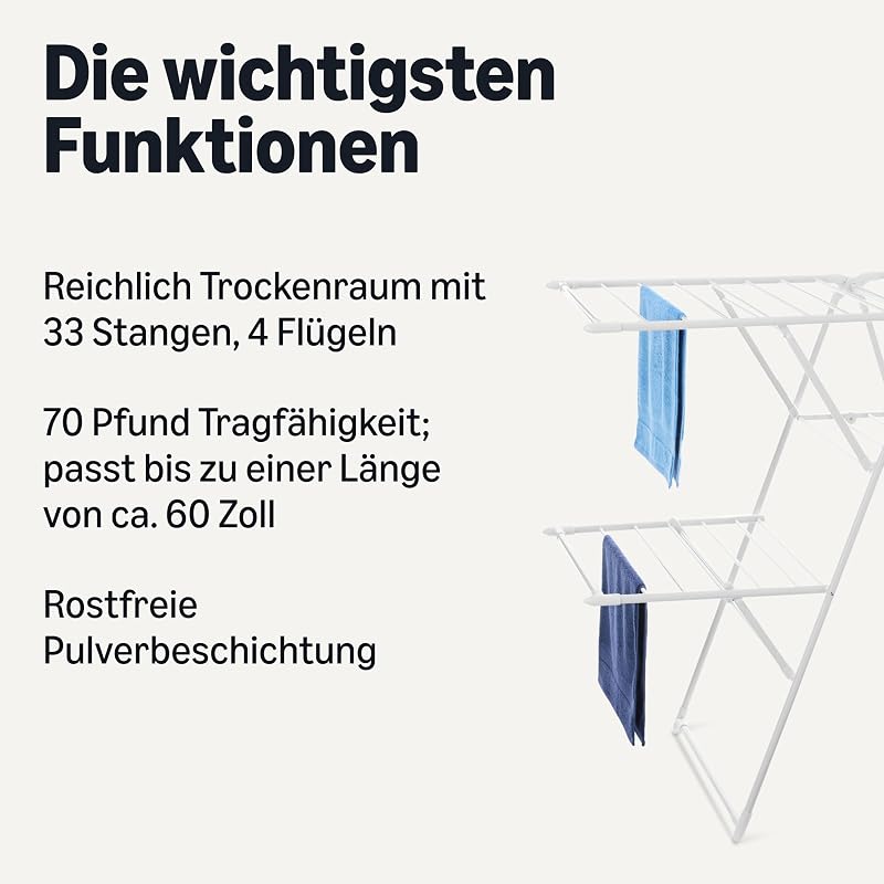 Wäscheständer aus Metall, 4 Flügel, faltbar, 155 x 60 x 126 cm, Weiß