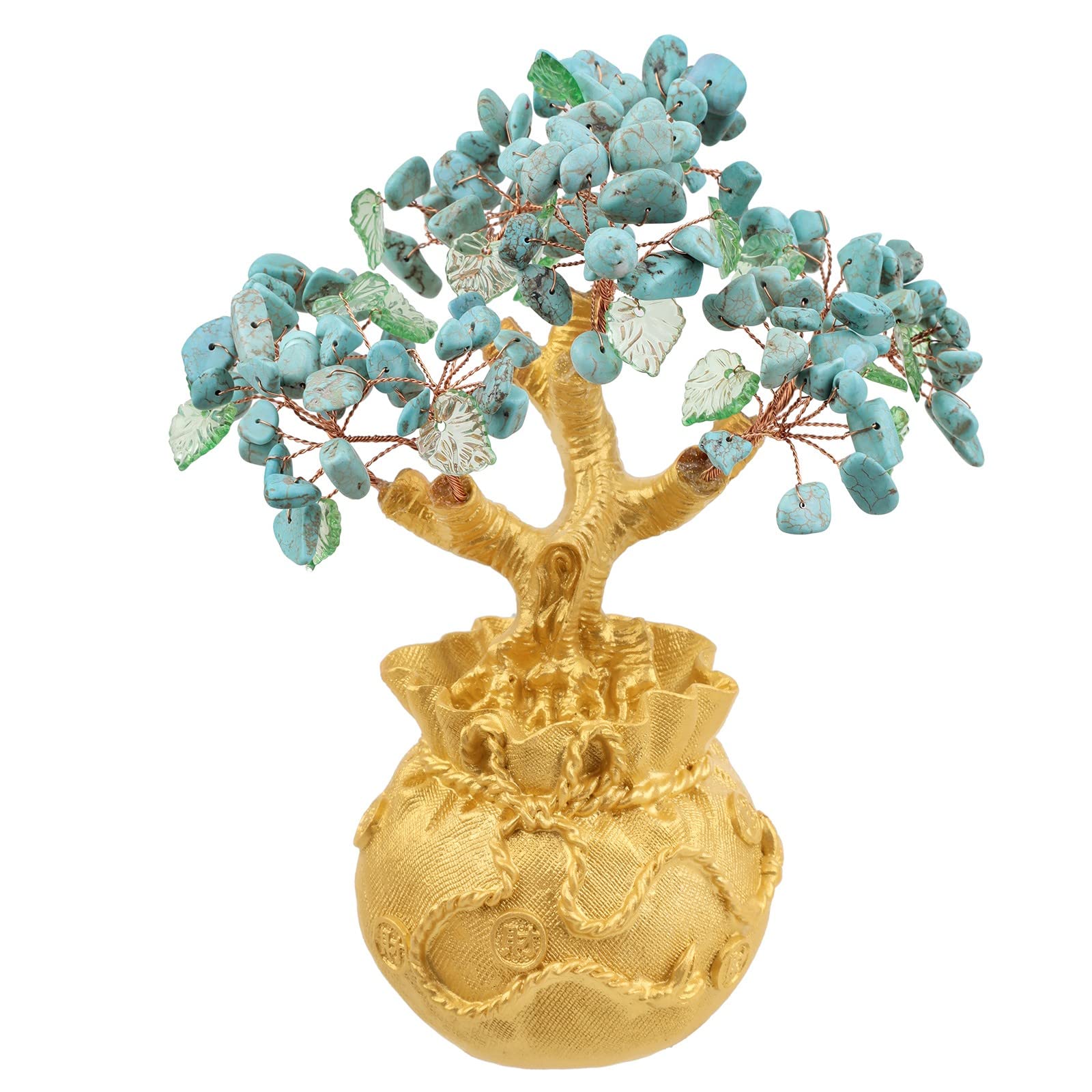 KYEYGWO Howlite Turquoise Crystal Money Bag Tree Bonsai Tree Feng Shui Decoration Reiki Healing Crystal Stone Office Home Table Decoration Wealth and Good Luck