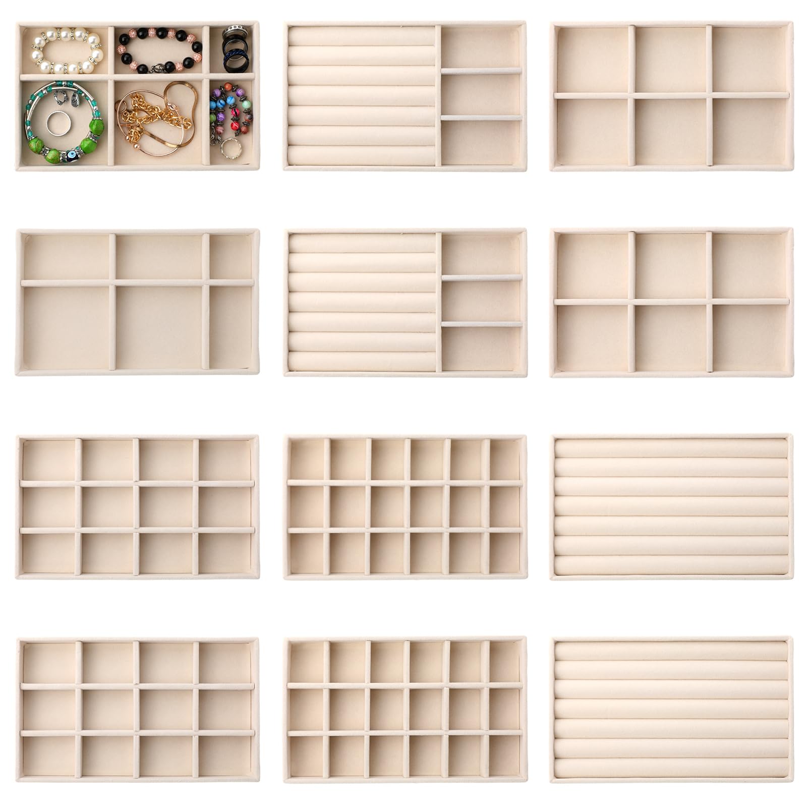 Photo 1 of Inbagi 12 Pcs Small Velvet Jewelry Tray Stackable Jewelry Organizer Drawers Insert Divided Storage Display Trays for Earring Ring Brooch Watch Necklace Bracelet 8.3 x 5 x 1 Inches