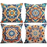 BEWQ Bohemian Mandala Floral Throw Pillow Covers, 18X18 inch Set of 4 Square Modern Outdoor Pillow Cases Decorative Cushion Covers, for Home Couch Sofa Car Decor
