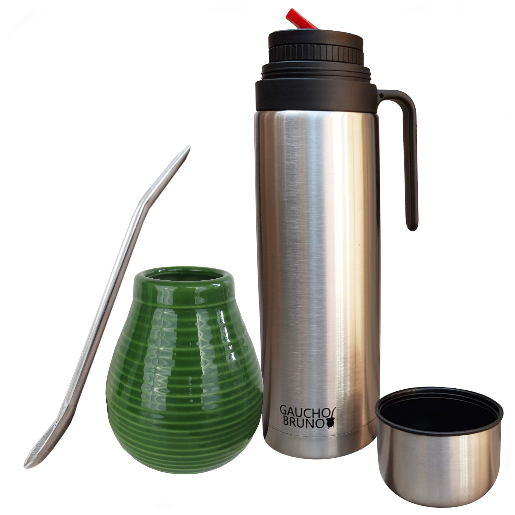 Gaucho Bruno Yerba Mate Cup, Straw, Flask Set - Ceramic Gourd Mug, Stainless Steel Bombilla Drinking Straws and 1 Litre Flask with Red Pouring Spout - Reusable Home and Travel Drinks Kit - Green