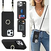 Lipvina for iPhone 13 Pro Max/iPhone 12 Pro Max Case with Card Holder for Women,Crossbody Strap Lanyard,Credit Card Holder,Ring Stand,Snap Clasp,Cute Wallet Case 6.7 inch (Black)