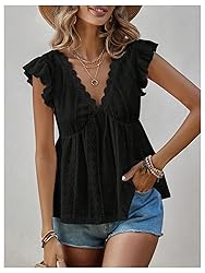 SweatyRocks Women's Lace Trimmed V Neck Ruffled