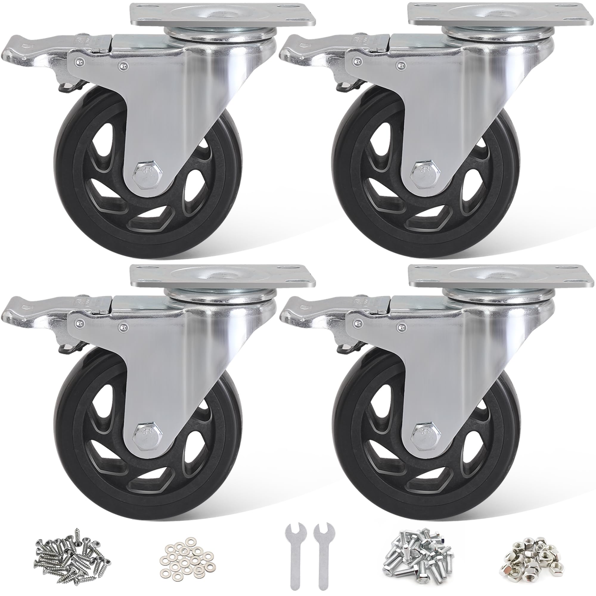 Photo 1 of 4 Inch Caster Wheels,Casters Set of 4, Heavy Duty Casters with Brake 2000Lbs,Swivel Caster Wheels with Top Plate, Locking Industrial Caster Wheel for Workbench, Cart, Furniture (Free Hardware Kits)
