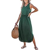 CUPSHE Women Knit Summer Dress Cover Up Crew Neck Elastic Waist Side Slit Midi Casual Sundress Beach Cover Up Dresses
