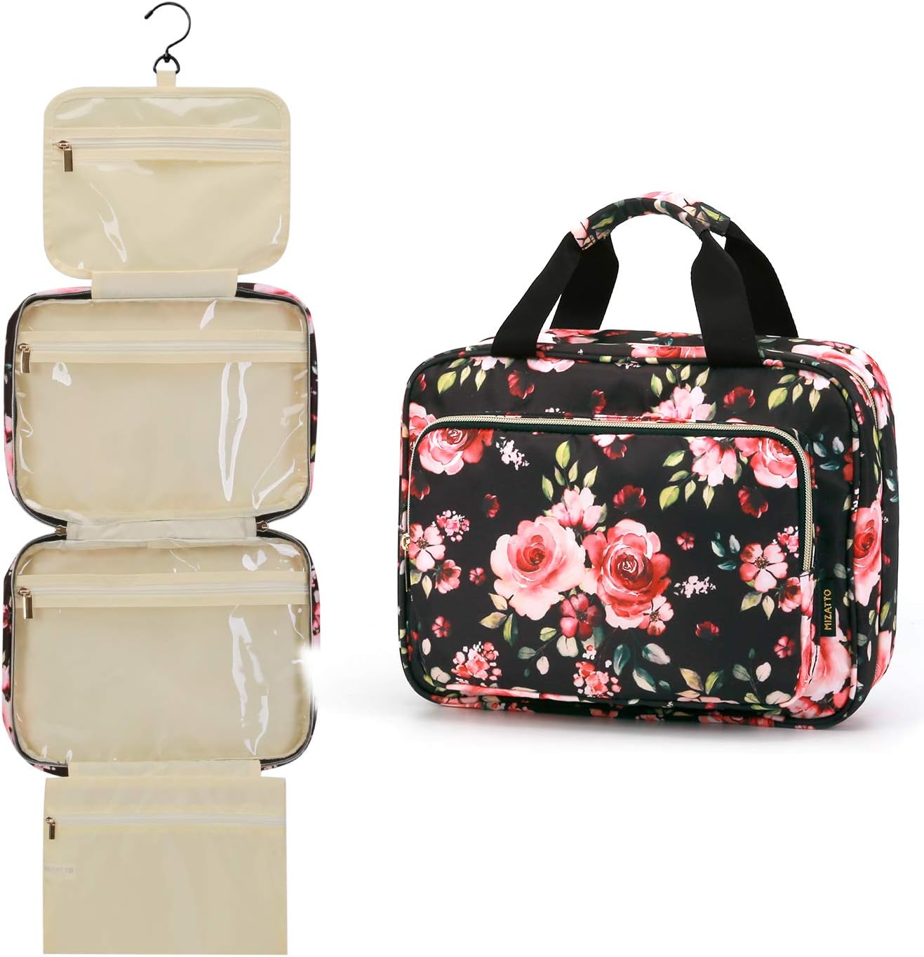 Toiletry Travel Bag with Hanging Hook, Portable Folding Cosmetics Bag for Brushes Set, Full-Sized Shampoo, Conditioner, Accessories, Floral, 12" x 9" x 4"…