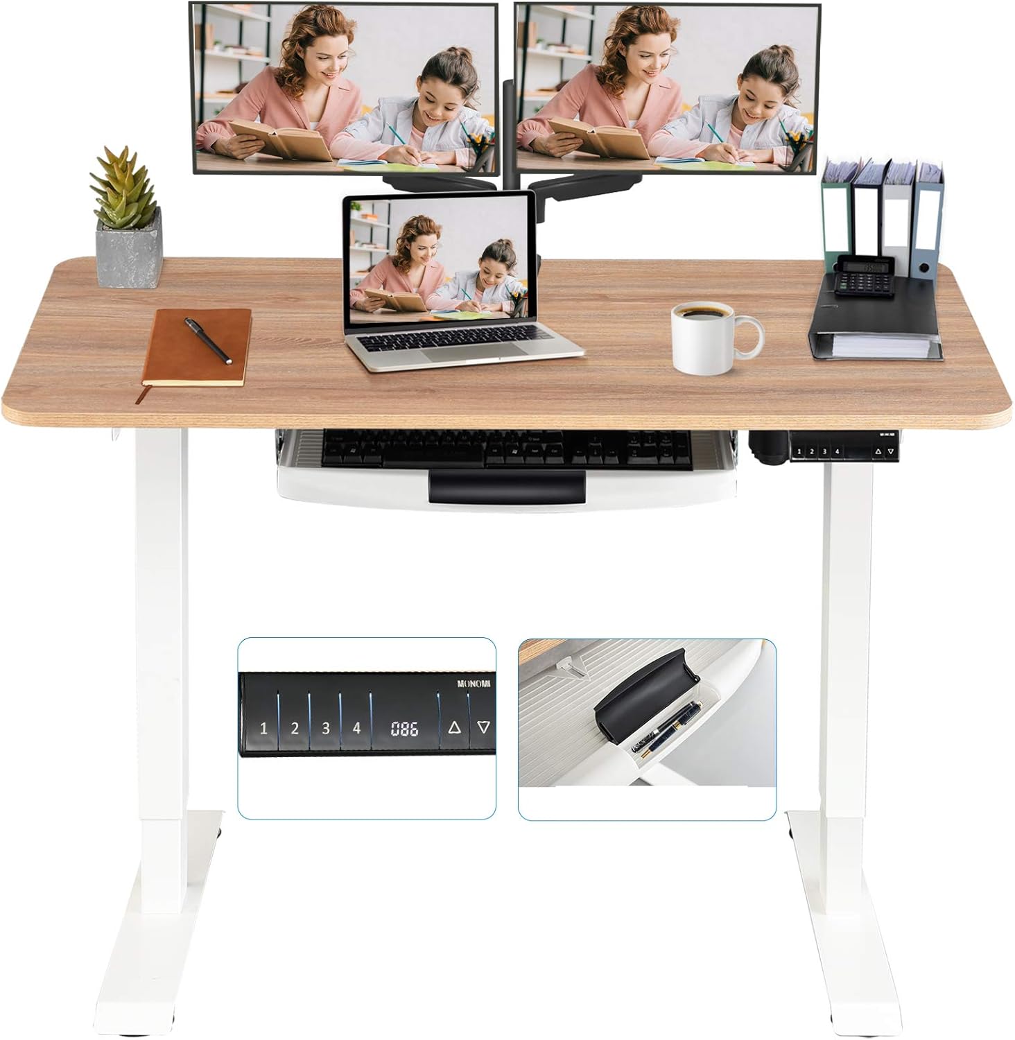MONOMI Electric Height Adjustable Standing Desk, 48 x 24 inches Stand up Desk Workstation, Sit Stand Home Office Table with 4 Programmable Preset Controller (Oak Top/White Legs)