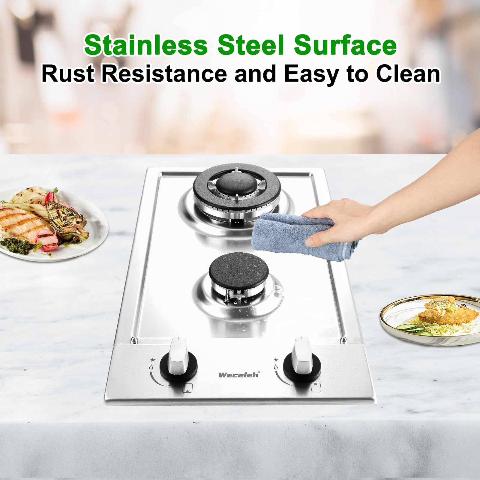 Gas Cooktop 2 Burners Built-in Gas Stove Top,LPG/NG Dual Fuel Continuous Grates,Auto Ignition,Thermocouple Protection,Stainless Steel,Heavy Duty Cast Iron 120V (12 inch)