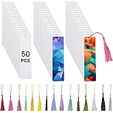 50 Pcs Sublimation Bookmark Blank Heat Transfer Aluminum Metal Bookmarks Bulk DIY Bookmarks with Hole and Colorful Tassels for Crafts,Personalized Tassels Blank Bookmarks