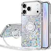 Silverback for iPhone 17 Pro Case, Moving Liquid Holographic Sparkle Glitter Case with Kickstand, Girls Women Bling Diamond Ring Protective Case for iPhone 17 Pro - Clear Silver