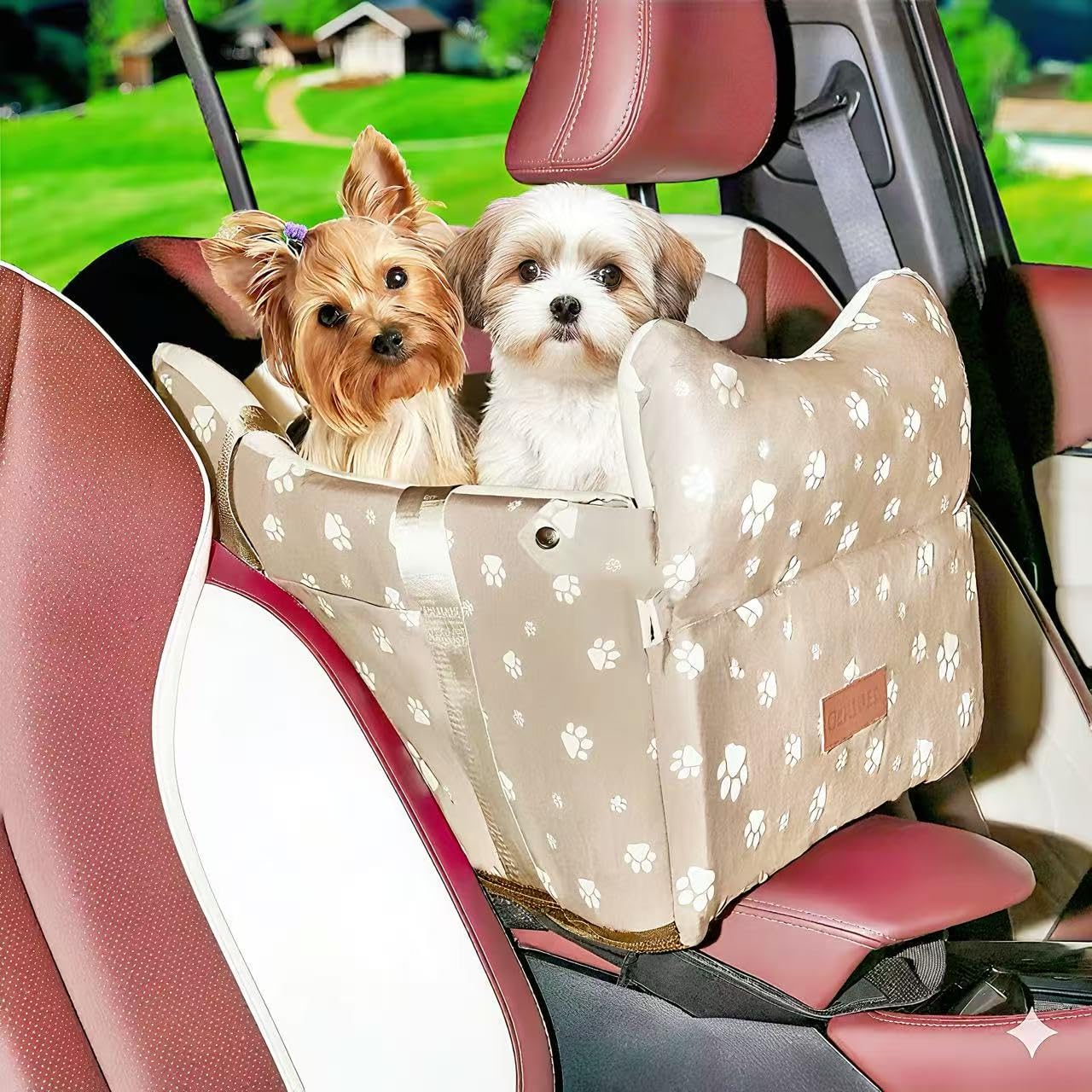 Photo 1 of Dog Car Seat for Console - Memory Foam Pet Booster Seat for Small Medium Dogs Up to 21 lbs - SUV Truck Center Console Dog Seat with Safety Leash & Storage Pockets - Washable Cover (Large Khaki)