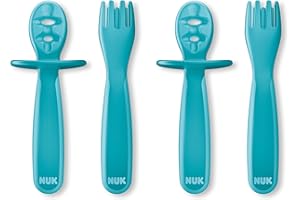 NUK Pretensil Dipper Spoon & Fork Set, Baby & Toddler Self-Feeding Utensils, Easy-Grip, Mess-Reducing Design, 4 Pack