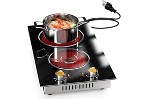 2 Burners Electric Cooktop, Plug in Electric Stove 110v, Countertop & Built-in Electrics Stove Top, 12 Inch Cooktop Knob Control, 9 Power Levels, 2000W, Gold Knob, Karienvir