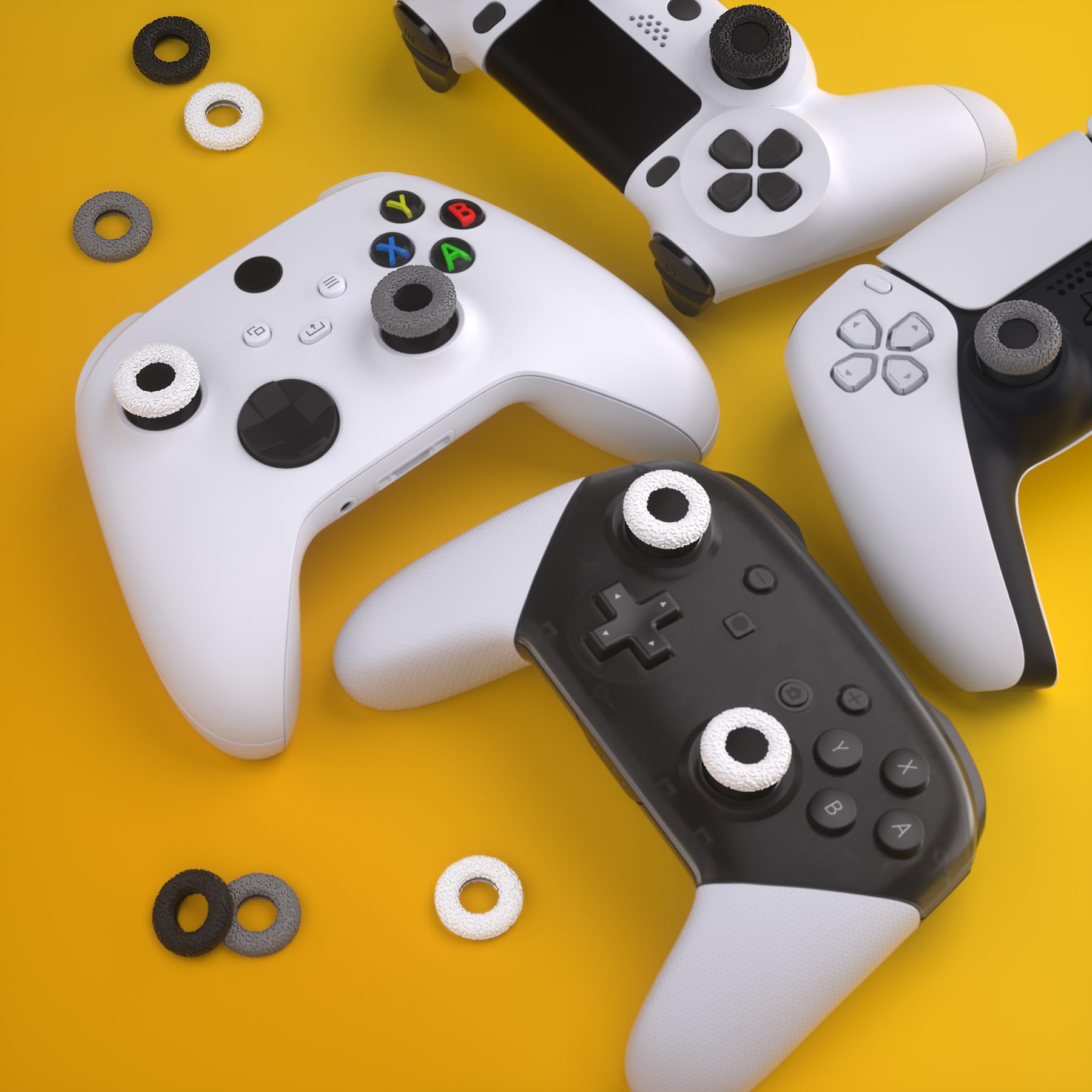 PlayVital Upgraded Silicone Precision Rings, Aim Assist Motion Control for ps5, ps4, Edge, Xbox Series X/S, Xbox One, Switch Pro Controller - Durable Anti-Slip Donut Thumbstick Rings, Gray/Black/White