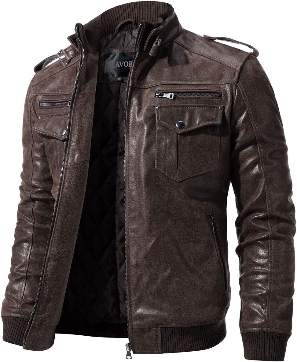 FLAVOR Men's Genuine Leather Biker Jacket Retro Brown Real Leather