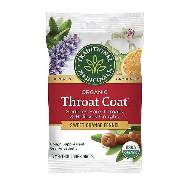TRADITIONAL MEDICINALS ORGANIC, THROAT COAT LOZENGES, SWEET ORANGE FENNEL WITH MENTHOL – HERBAL COUGH DROPS, HELPS SOOTHE SORE THROAT & RELIEVE COUGH – NON-GMO, STIMULANT-FREE – 16 COUNT