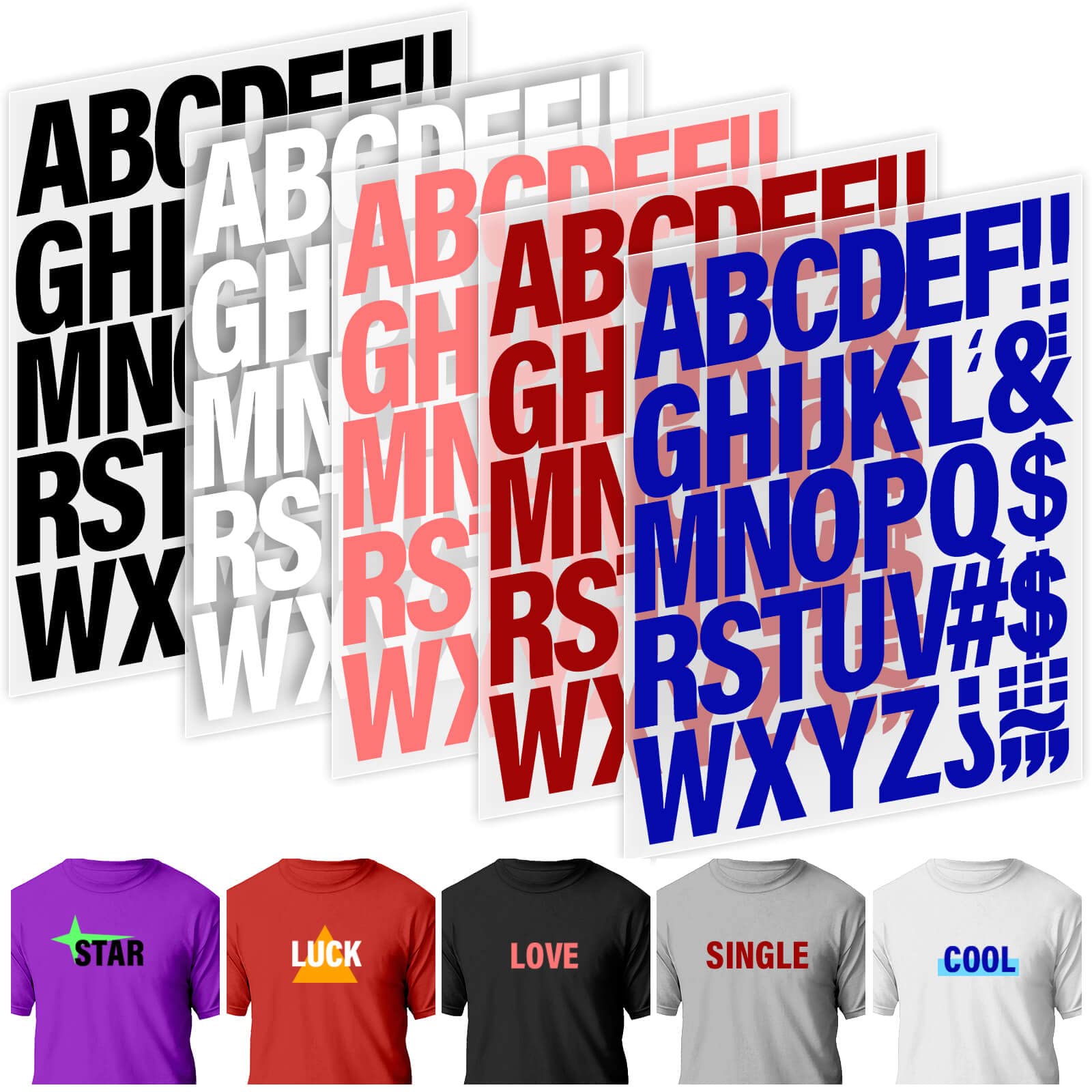 Photo 1 of 20 Sheets 880 Pieces Iron on Letters for Clothing, 2 Inch 5 Colors Heat Transfer Vinyl Patches PU Alphabets Sticker T-Shirt Printing DIY Crafts Decorations (Black, White, Pink, Red, Blue)