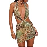 WDIRARA Women's Tropical Cut Out Halter Dress Deep V Neck Backless Bodycon Mini Dresses