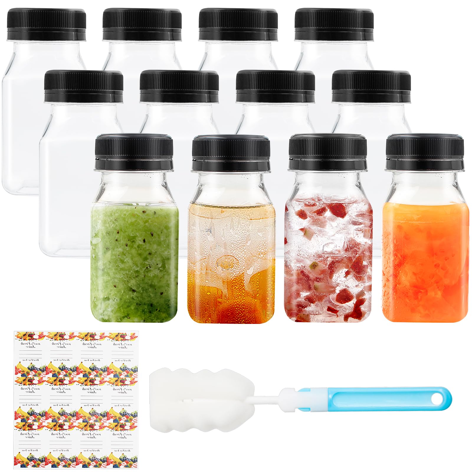 Mooshy Shot Bottles with Lids - 12 Packs 4oz/120ml Reusable Plastic Juice Bottles with 12 Fruit Stickers and Brush for Smoothie Milk Juice Drinks for Kids Lunch Boxes Parties Beverage Shops