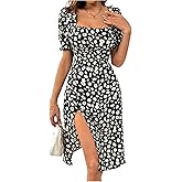 OYOANGLE Women's Floral Print Slit Thigh Dress Square Neck Puff Sleeve Flared Short Dresses
