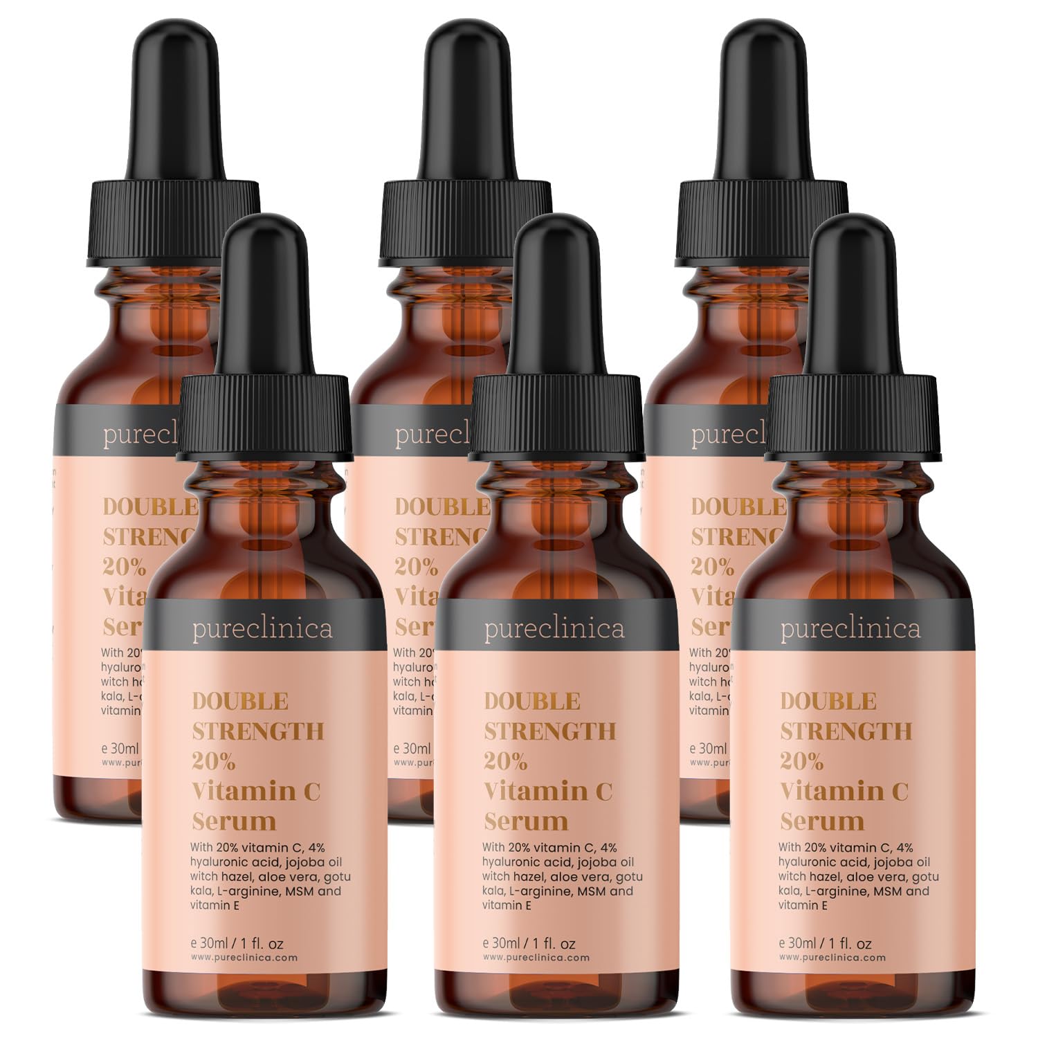 6 Bottles Of 20% Vitamin C Serum (with 4% HA, 2.5% L-Arginine, 2.5% Vitamin E & 1% Ferulic Acid) - 30ml / 1 fl oz