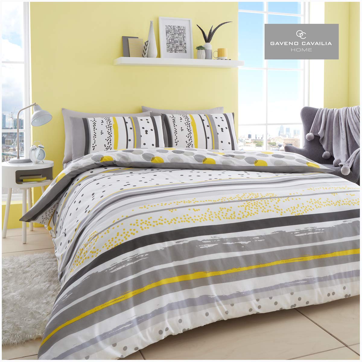GC GAVENO CAVAILIA Gaveno Cavailia Modern Stripes Earle Grey Bedding, 3 Piece Cotton Blend Reversible Printed Bedlinen, Easy Care DuvetCover Bedset, 1 Quilt Cover + 2 Pillow Cases, Double Duvet Set