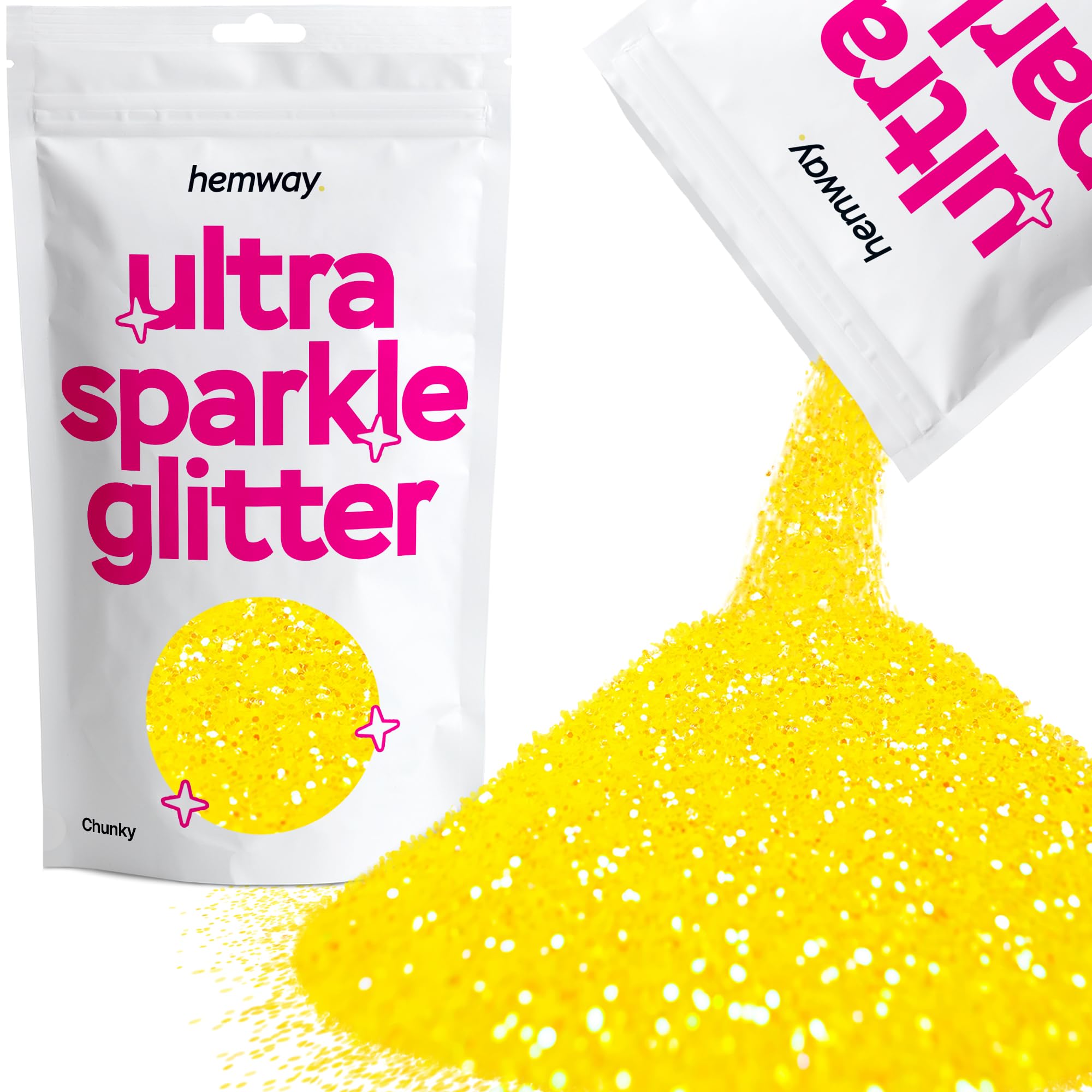 Hemway Ultra Sparkle Glitter Fluorescent Yellow 100g Chunky | Glitter for Arts & Craft, Makeup, Nail Art, Crafting, Card Making, Sparkle Decoration — image 1