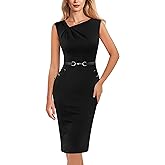 VFSHOW Womens Cocktail Business Casual Pleated Asymmetric Neck Buttons Belted Work Office Church Pencil Sheath Dress