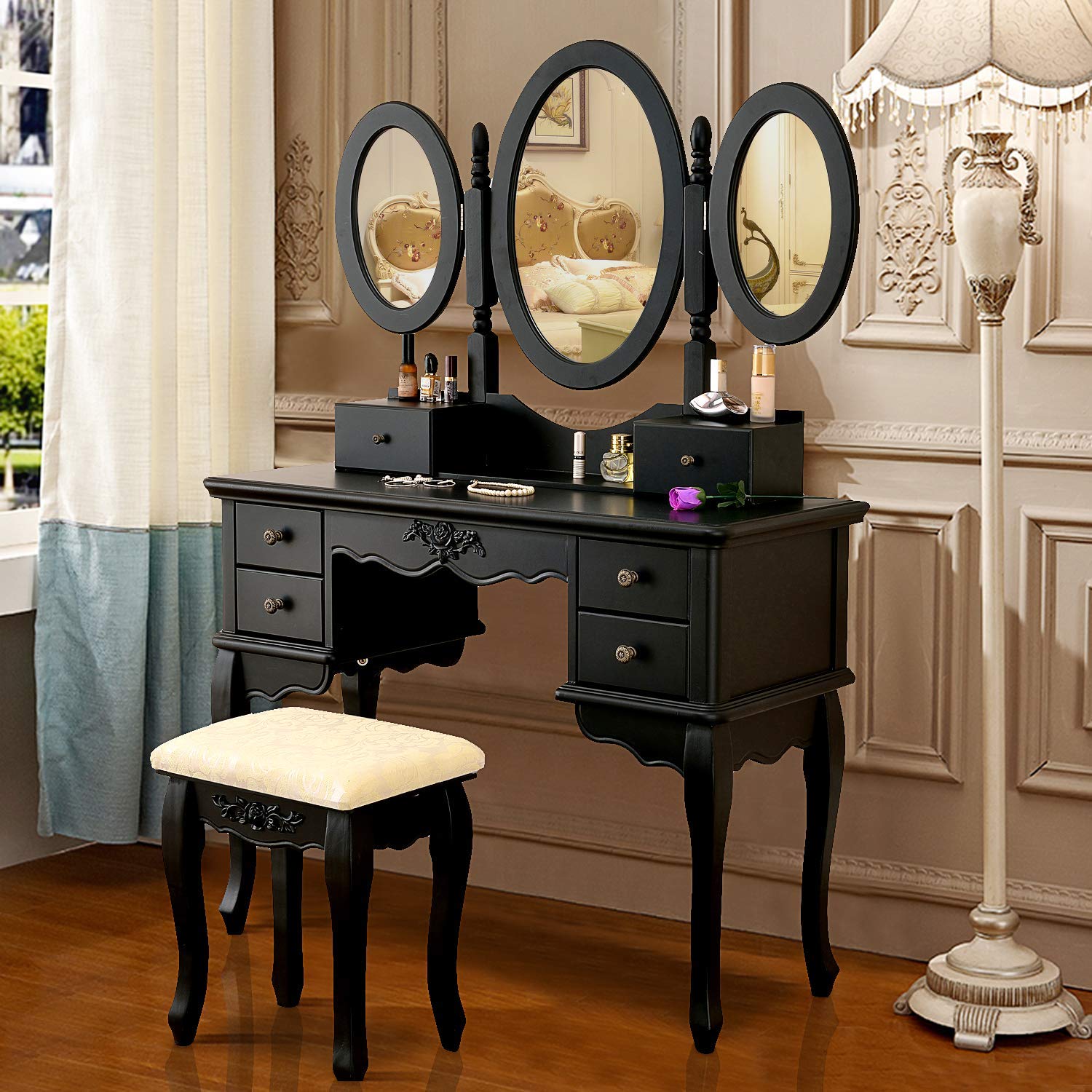 Vanity Makeup Table Set Tri-Folding Mirror Dressing Table with Padded Stool and 6 Drawers, Bedroom Vanity Table Writing Desk with Removable for Girls Women,Black