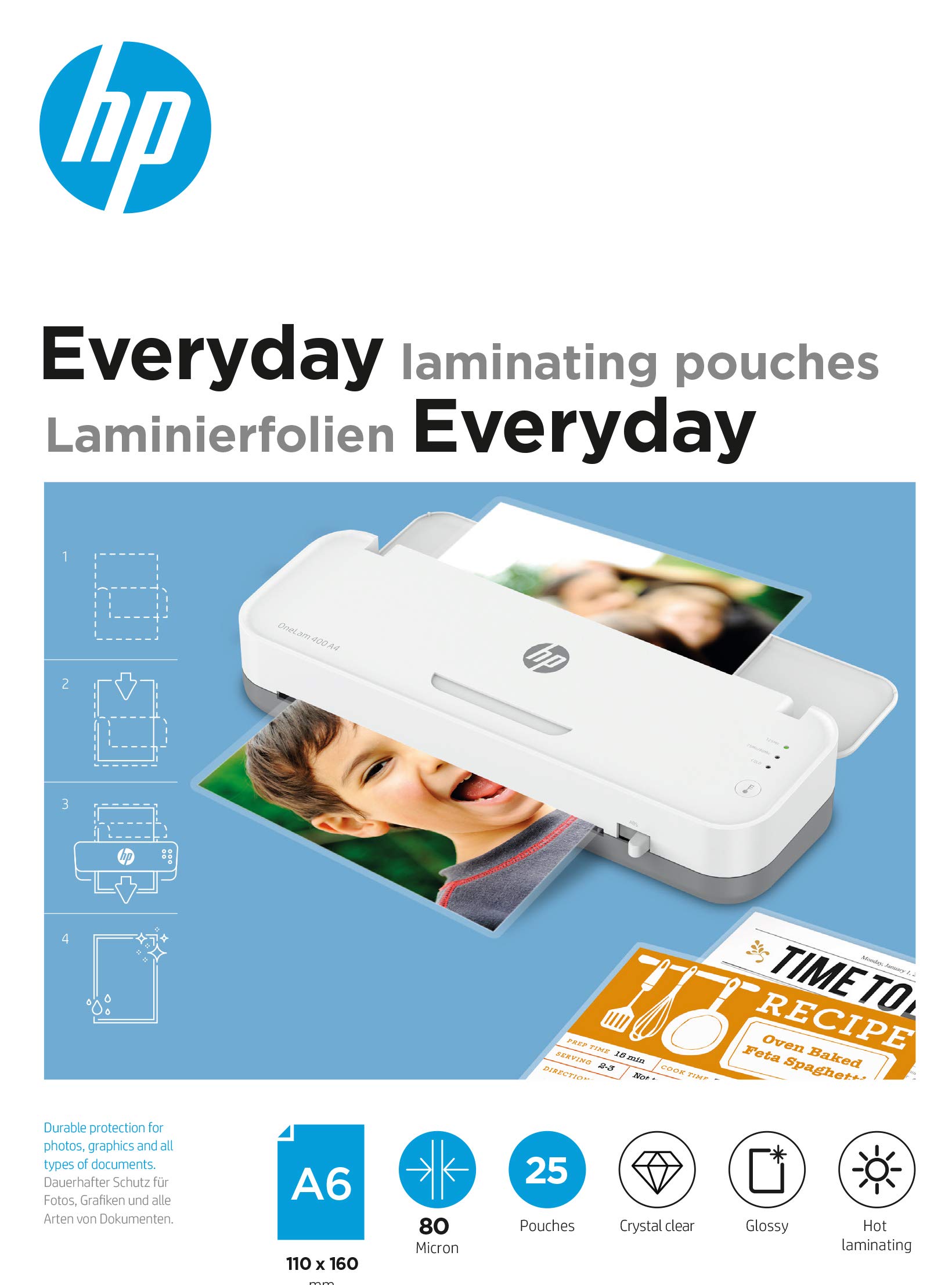 HP Everyday A6 80 Micron Glossy Clear Hot Laminating Pouches (Pack of 25)
