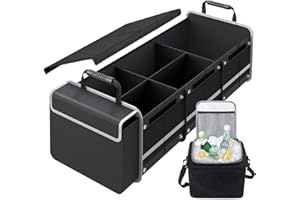 AOPHY Car Trunk Organizer with Insulated Leakproof Cooler Bag, 4 in 1 Waterproof Portable Car Storage Organizer with Collapsible Cover, 3 Large Compartments, Trunk Organizer for Car, SUV, Truck