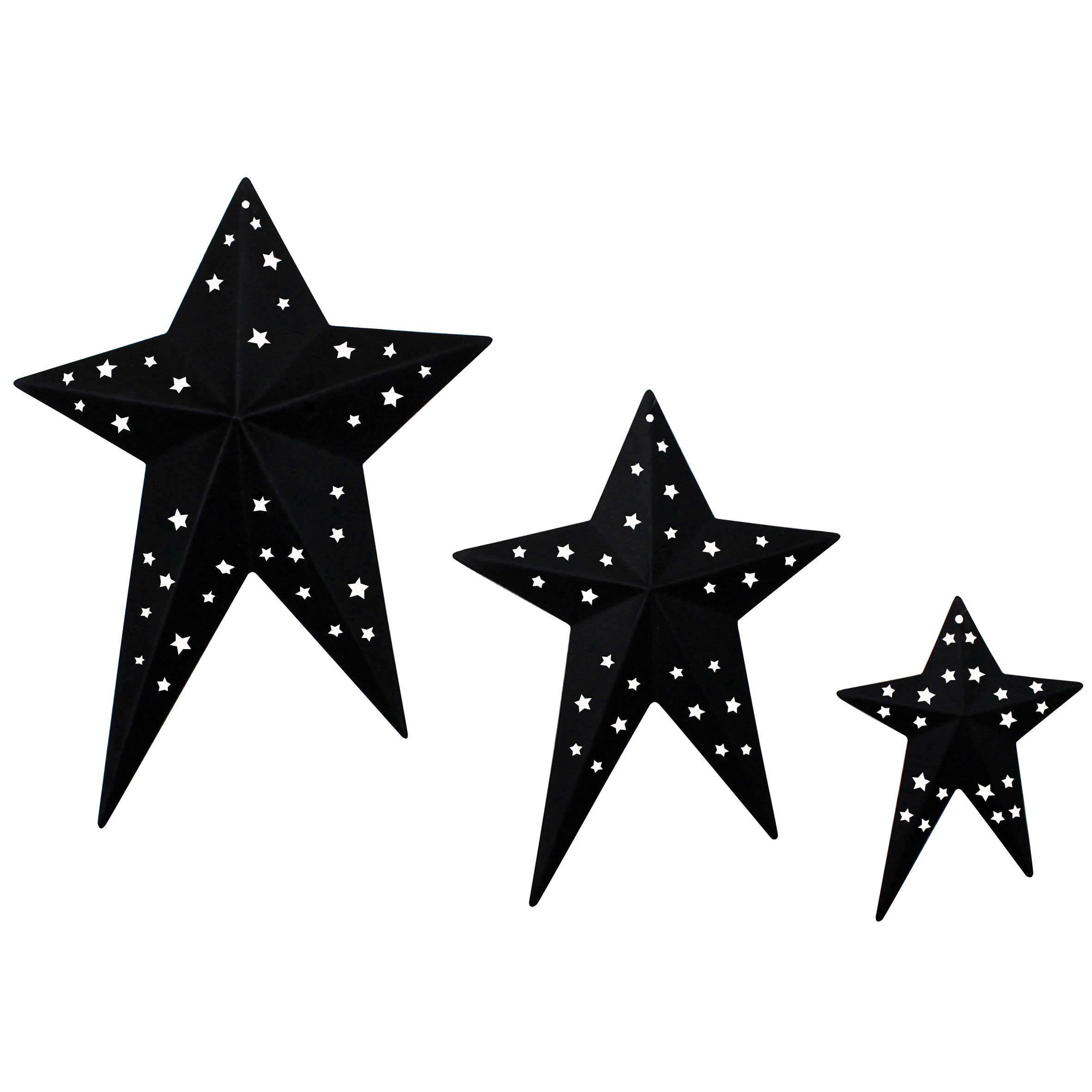 CVHOMEDECO. Primitives Rustic Vintage Gifts Black Punched Metal Barn Stars for Wall/Wreaths/Twigs Decor,8/6/4 Inch, Set of 3
