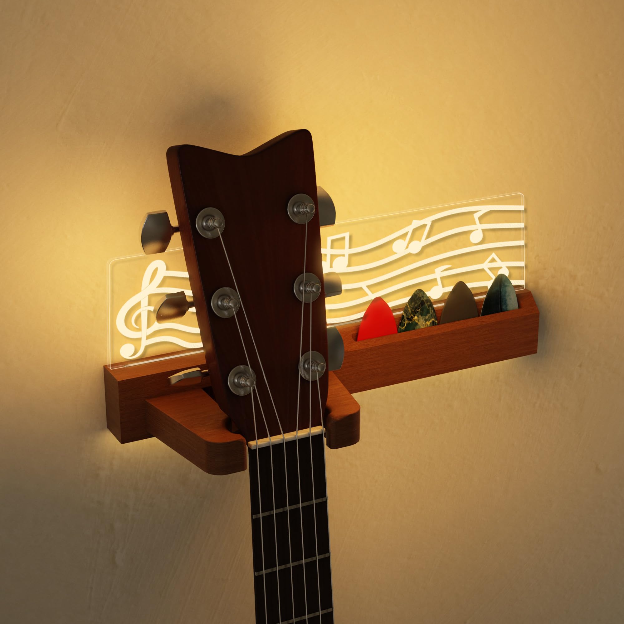CoolGift Mart Light up Guitar Wall Mount, Musical Notes Design, Pick Holder with USB Powered, Premium Wood and Acrylic, for Acoustic Electric Bass Ukulele Violin, Gift for Guitar Players