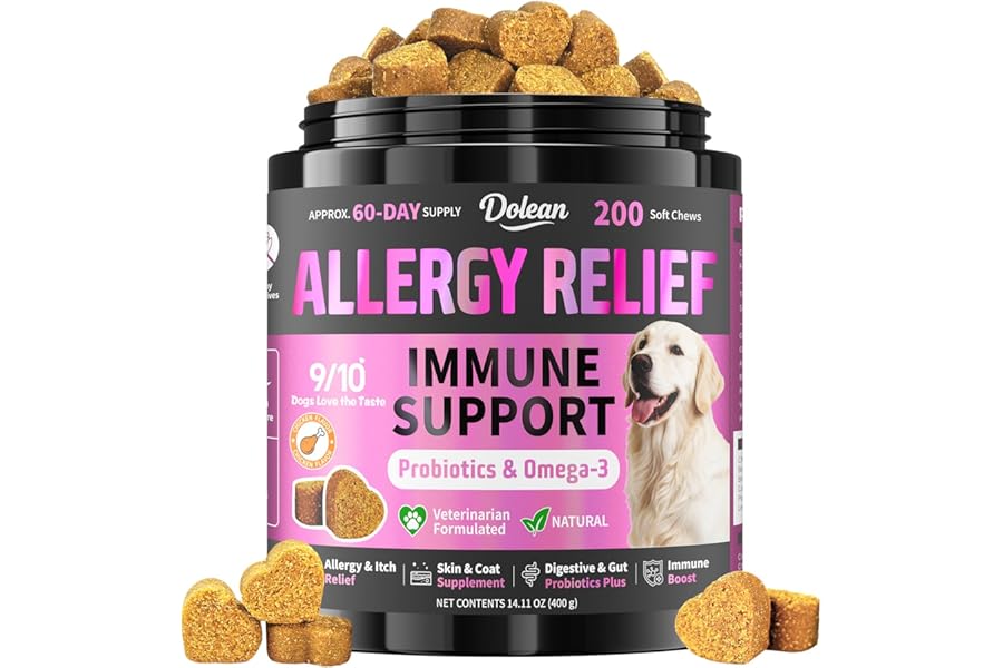 Dog Allergy Chews, Dog Allergy Relief for Itching Skin, Paw Licking, Yeast Relief, Hot Spots, Itchy Ears & Seasonal Allergies, Immune Support– with Colostrum, Probiotics – Chicken Flavor (200ct)